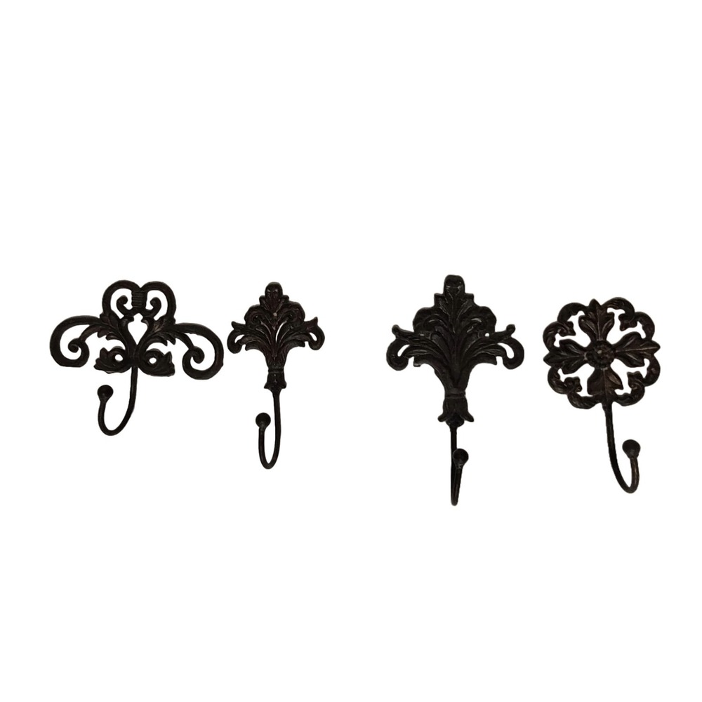 French Finial Wrought Iron Wall Hooks Set of 4 Shabby Chic Brown Black Decor